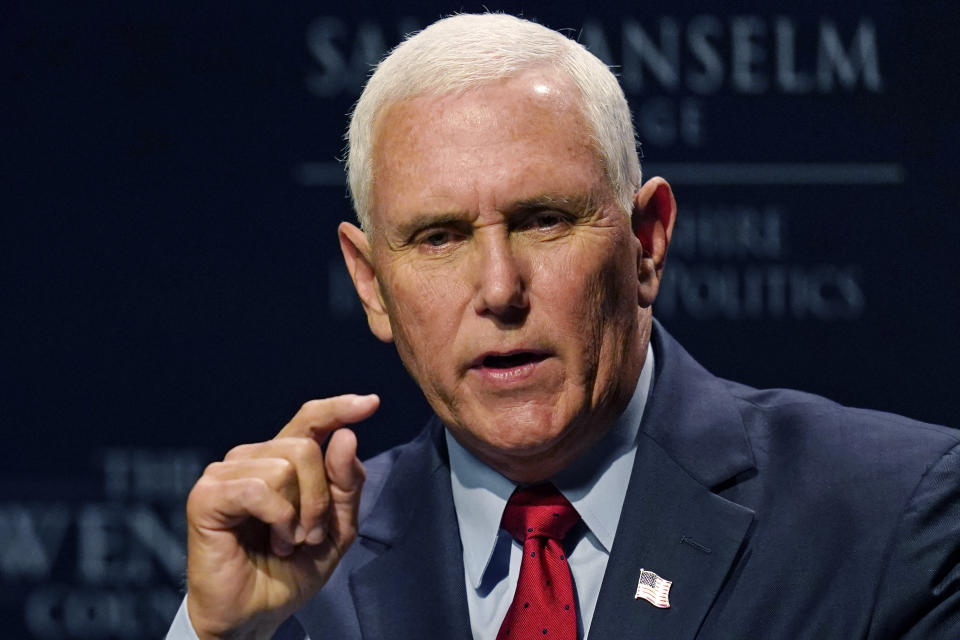 Former Vice President Mike Pence gestures during the "Politics and Eggs" breakfast gathering, Wednesday, Aug. 17, 2022, in Manchester, N.H. (AP Photo/Charles Krupa)