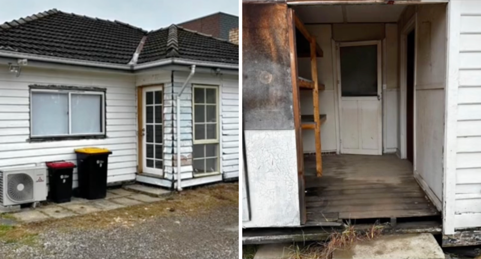 A composite image of the exterior and interior of the rental house available for $300 per week.