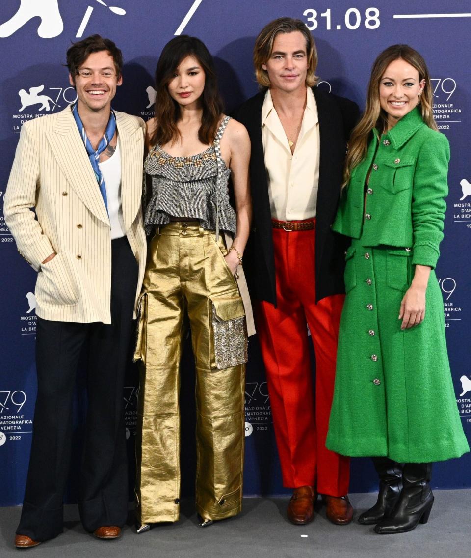 VENICE, ITALY - SEPTEMBER 05: : (L-R) Harry Styles, Gemma Chan, Chris Pine and director Olivia Wilde attend the photocall for "Don't Worry Darling" at the 79th Venice International Film Festival on September 05, 2022 in Venice, Italy. (Photo by Stephane Cardinale - Corbis/Corbis via Getty Images)