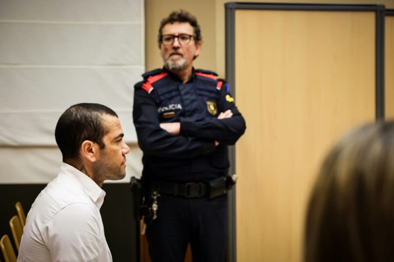 Dani Alves is pictured at the start of his rape trial in Barcelona, ​​where he could be sentenced to nine years in prison if convicted (Jordi Boras)