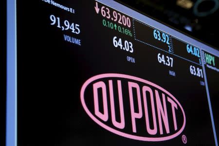 The Dupont logo is displayed on a board above the floor of the New York Stock Exchange shortly after the opening bell in New York, U.S. on December 22, 2015. REUTERS/Lucas Jackson/File Photo