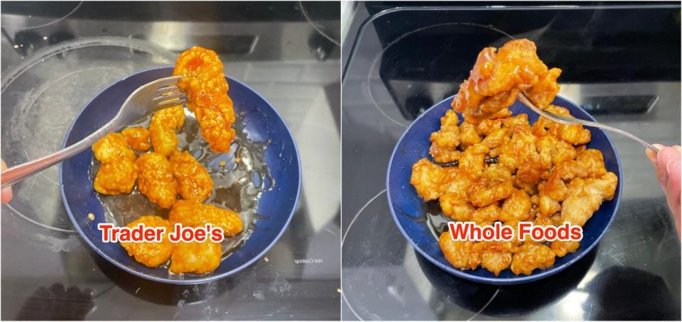 Trader Joe's orange chicken (left) and Whole Foods orange chicken (right)