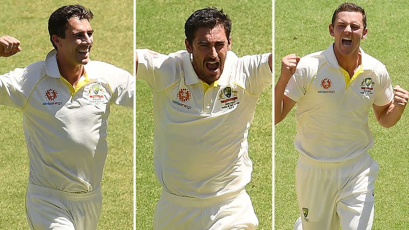 The pace trio of Pat Cummins, Mitchell Starc and Josh Hazlewood combined to destroy India’s top order. Pic: Getty