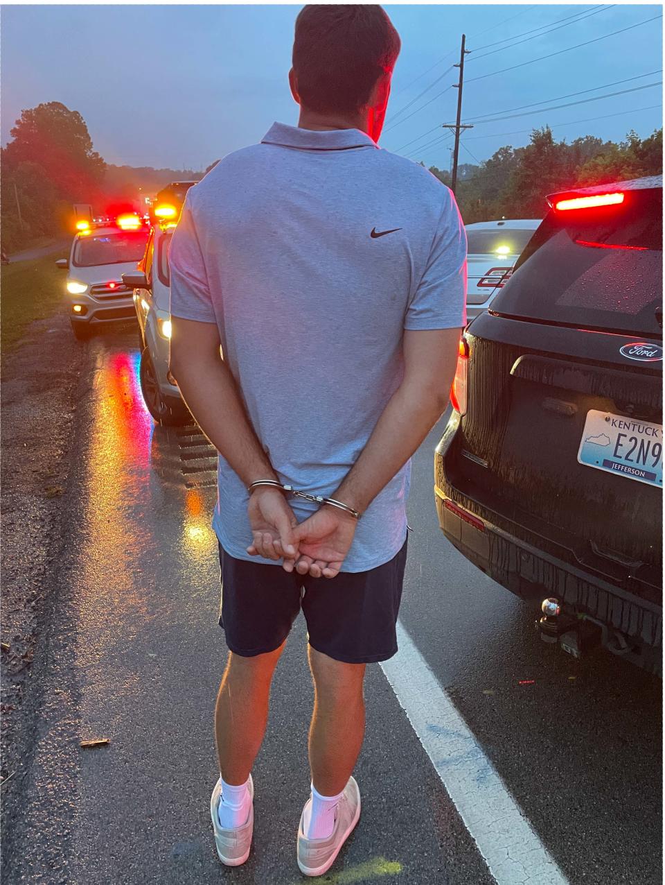 An image from Louisville Metro Police Department shows professional golfer Scottie Scheffler following his arrest prior to the second round of the PGA Championship at Valhalla Golf Club in Louisville, May 17, 2024. This image was included in an LPMD report on the arrest of Scheffler released June 7, 2024.