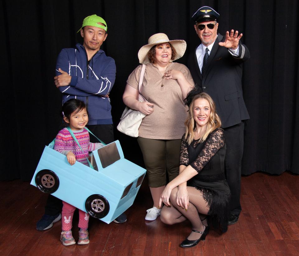 Front, left to right, Miya Sun and Carrie Holman, and back, left to right, Ted Sun, P.J. Boggs and Brian Jaffe in Vaud-Villities’ “Wish You Were Here,” being performed this weekend at Ohio Dominican University.