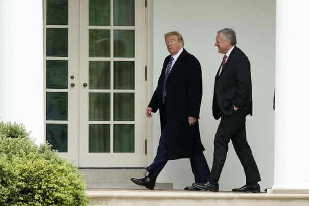 PHOTO: In this May 8, 2020, file photo, President Donald Trump and Mark Meadows, White House chief of staff, walk to the Oval Office following a wreath laying ceremony in Washington, D.C. (Bloomberg via Getty Images, FILE)