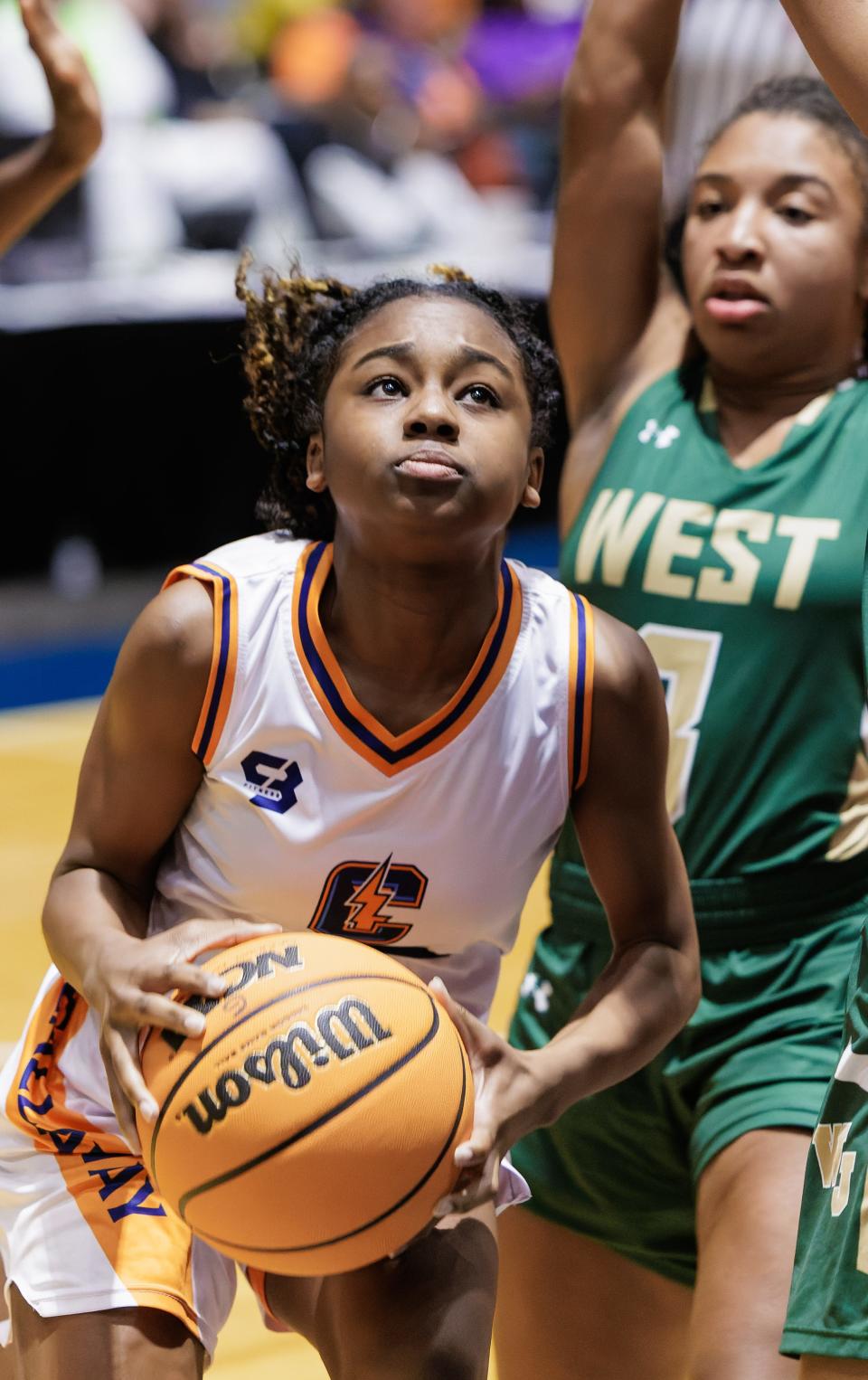 Callaway’s Jahanna Wilson (5) shoots during the MHSAA 5A Girls Basketball Championship Final held in the Mississippi Coliseum Thursday March 3, 2023. (Photo by Bob Smith)