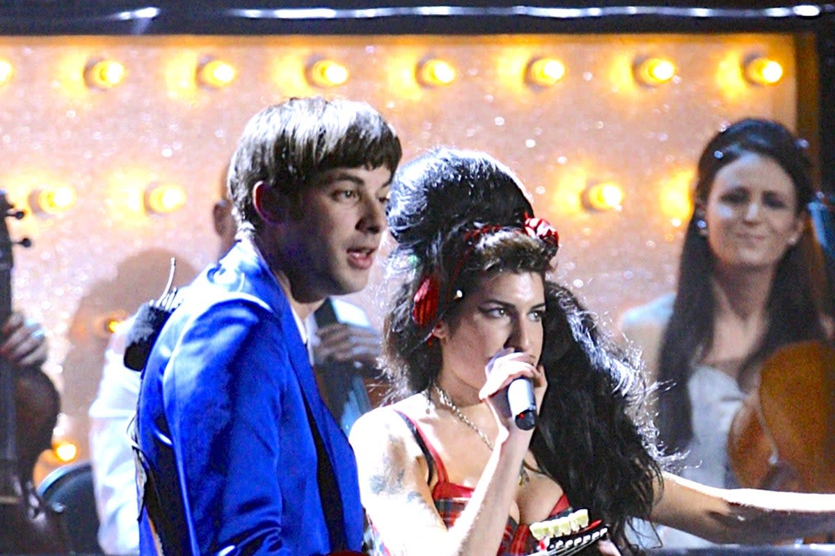 Amy Winehouse and Mark Ronson on stage, during the BRIT Awards 2008, at Earls Court in central London. (PA)