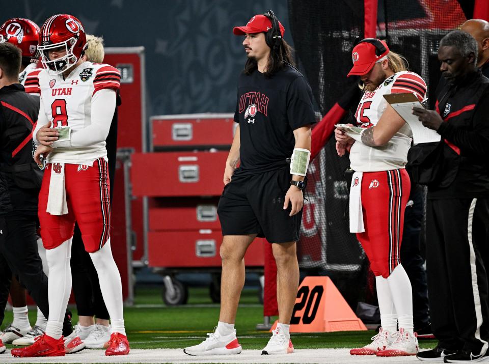 Utah Utes quarterback Cameron Rising (7) watches the game from the sideline as Utah and Northwestern play in the SRS Distribution Las Vegas Bowl at Allegiant Stadium on Saturday, Dec. 23, 2023. Northwestern won 14-7. | Scott G Winterton, Deseret News