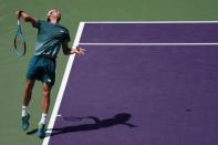 Mar 21, 2018; Key Biscayne, FL, USA; Joao Sousa serves against Ryan Harrison of the United States (not pictured) of on day two of the Miami Open at Tennis Center at Crandon Park. Sousa won 7-6(4), 7-6(4). Geoff Burke-USA TODAY Sports