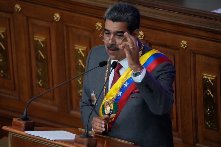 Venezuelan President Nicolas Maduro delivers his annual address at the National Assembly in Caracas, Venezuela, Monday, Jan. 15, 2024. (AP Photo/Ariana Cubillos)