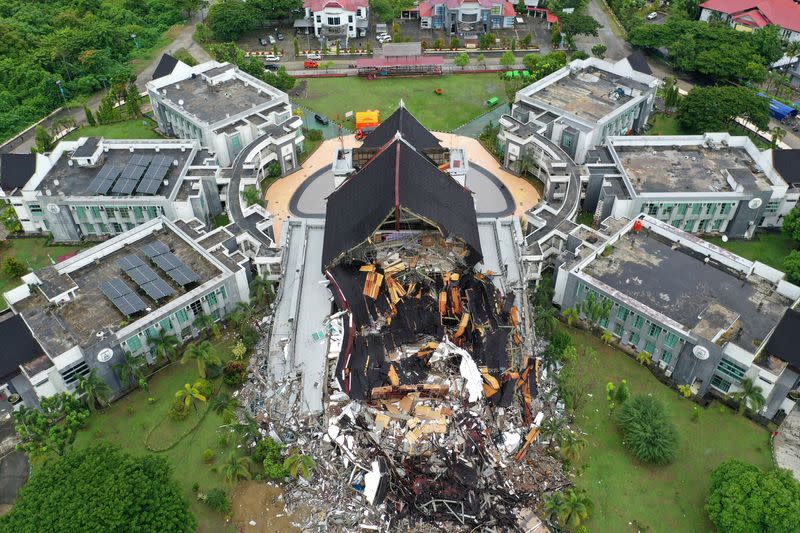 An aerial picture shows damaged governor of West Sulawesi province's office following an earthquake in Mamuju