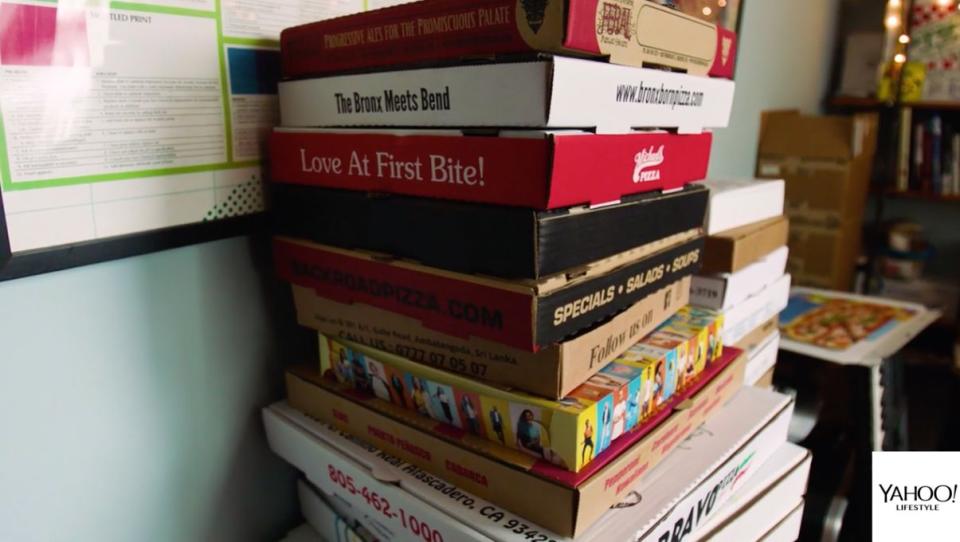 Just a few of Wiener's thousands of pizza boxes from around the world. 