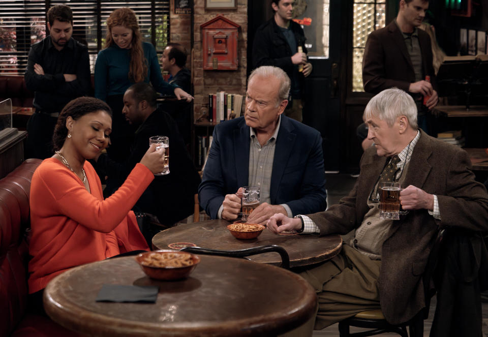 L-R: Toks Olagundoye as Olivia, Kelsey Grammer as Frasier Crane and Nicholas Lyndhurst as Alan