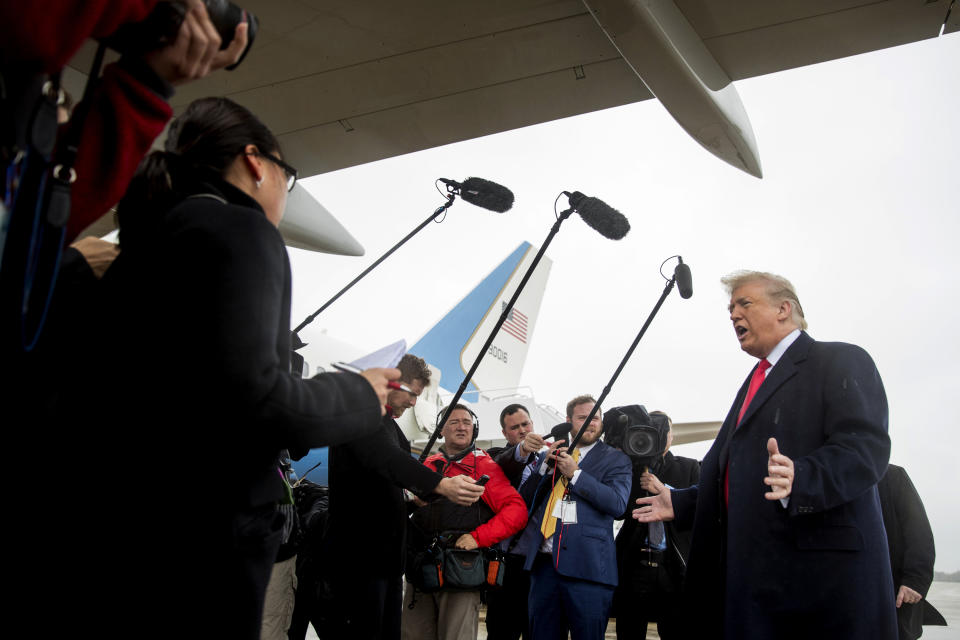 FILE – In this Oct. 27, 2018 file photo, President Donald Trump speaks to reporters shortly after news came of the synagogue shooting in Pittsburgh that left 11 dead, as he arrives to Andrews Air Force Base, Md., for a trip to Indianapolis. "I think they should very much bring the death penalty into vogue," Trump told reporters shortly after learning of the shooting. "Anybody that does a thing like this to innocent people that are in temple or in church. We had so many incidents with churches. They should really suffer the ultimate price." (AP Photo/Andrew Harnik, File)