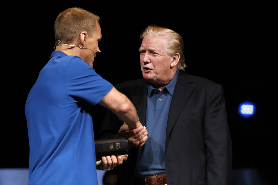 President Trump shakes hands with David Platt after receiving a prayer at McLean Bible Church in Vienna, Va., June 2. (Photo: Jacquelyn Martin/AP)