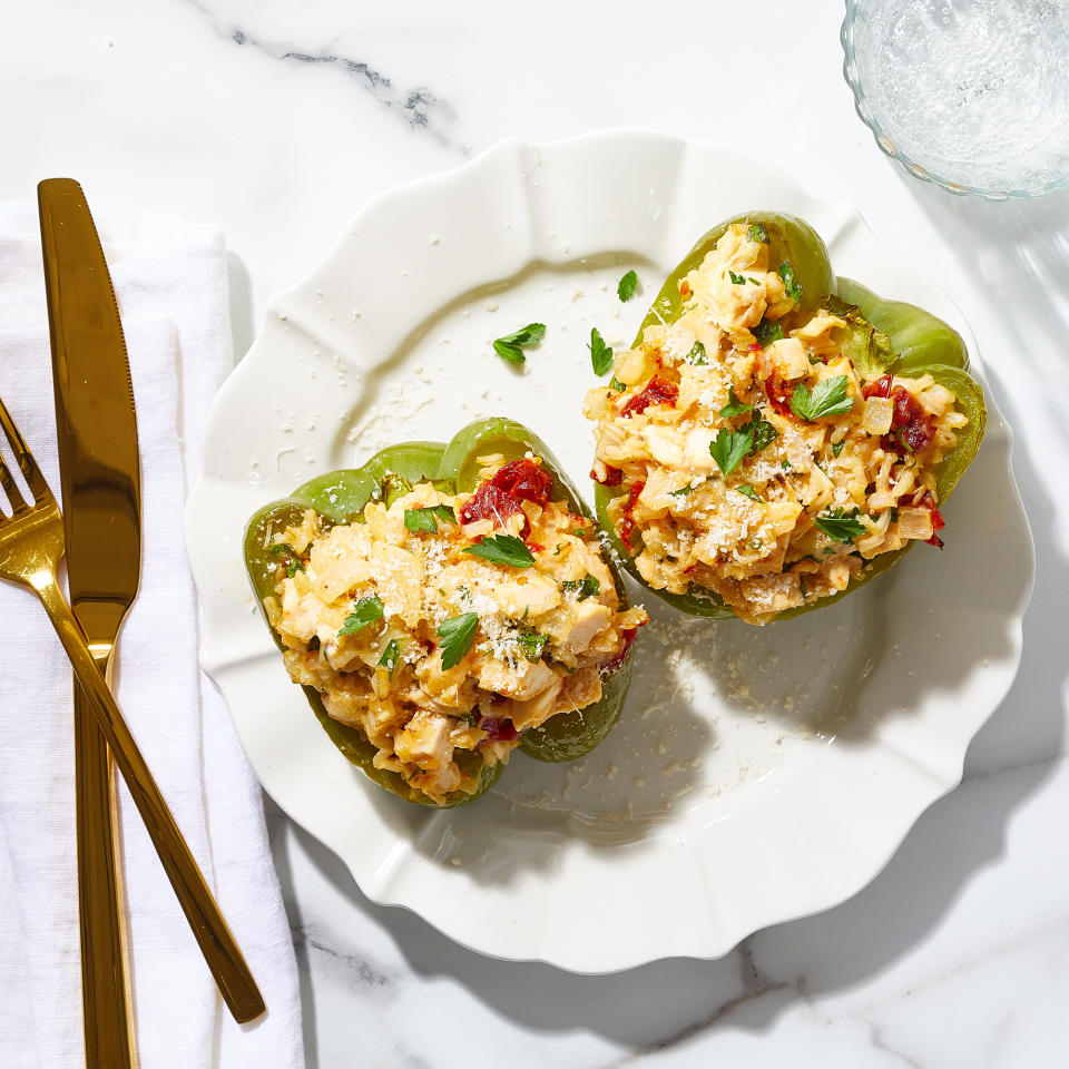 Chicken-&-Rice-Stuffed Peppers with Sun-Dried Tomato Cream Sauce