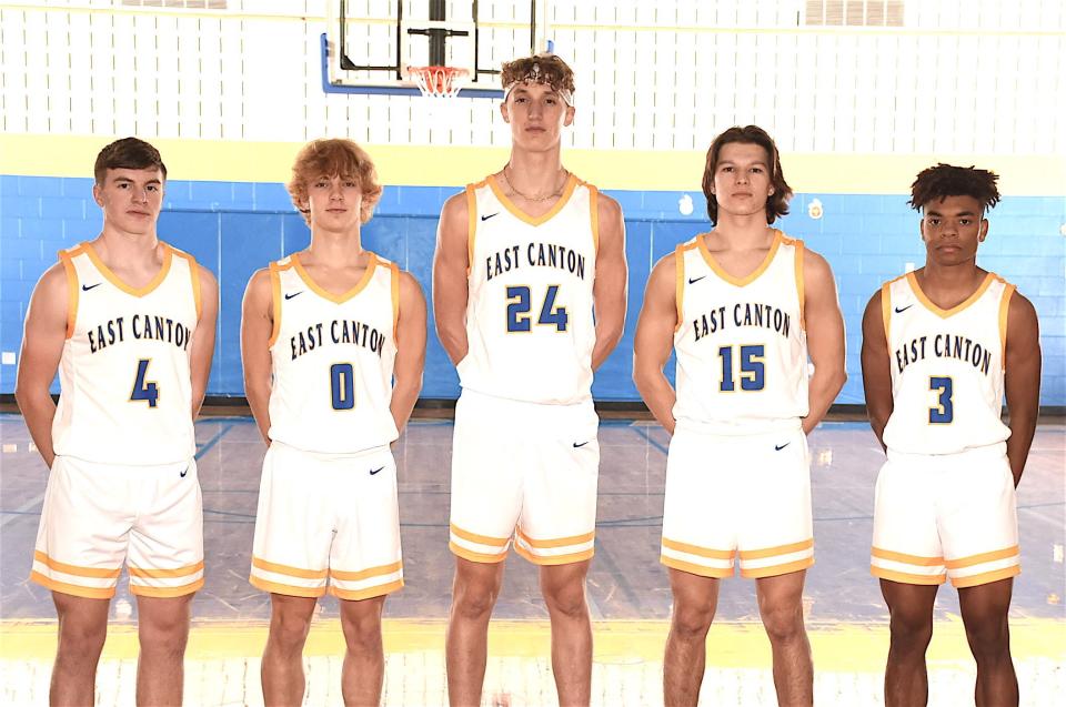 Returning lettermen for the 2021-22 East Canton boys basketball team are (left to right) Luke Riley, Landen Demos, Caleb Shilling, Chase Vacco and Mario Snellenberger.