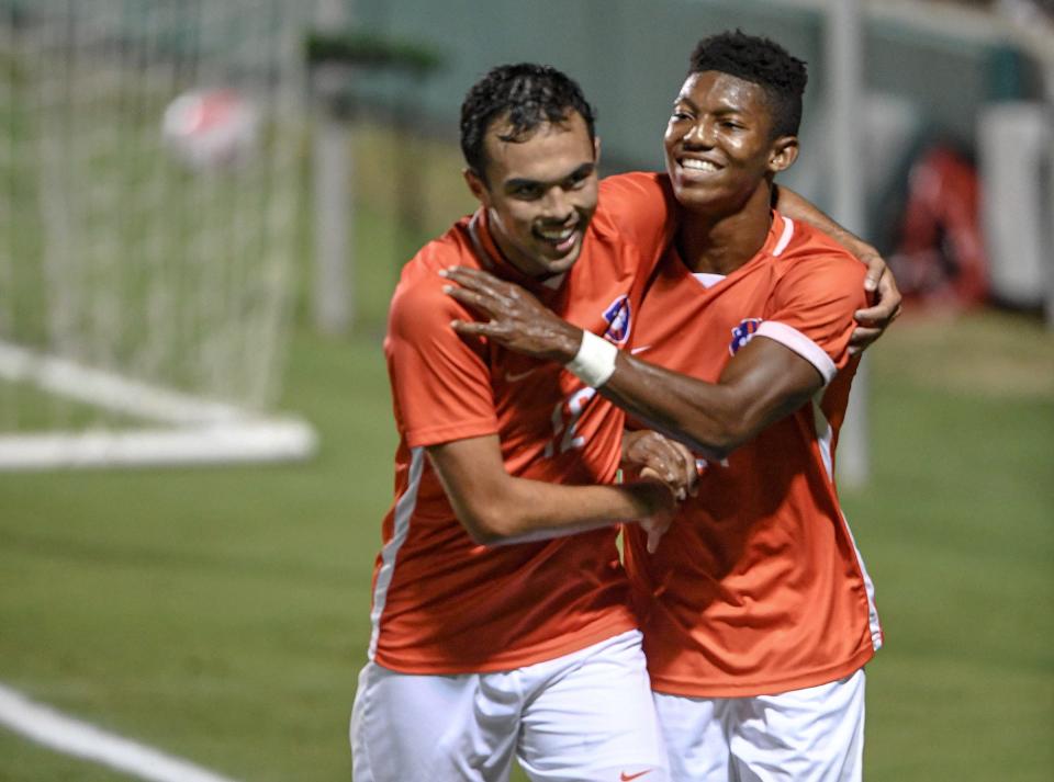 Clemson defender Enrique Montana III congratulates Isaiah Reid after his goal against Georgia Southern during the second half at Historic Riggs Field at Clemson University on Tuesday, September 14, 2021. Clemson won 5-0.