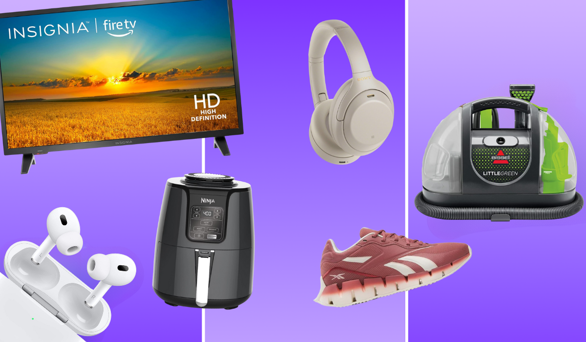 Insignia TV, Apple AirPods, Ninja Air Fryer, Sony headphones, Reebok sneakers, Bissell Little Green Vacuum on purple background