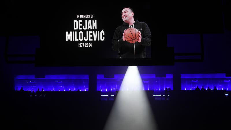 The Utah Jazz have a moment of silence in memory of Dejan Milojević before the start of their game against the Oklahoma City Thunder Thursday, Jan. 18, 2024, in Salt Lake City. It came a day after the NBA postponed Utah’s game scheduled for Jan. 17 against Golden State because of the death of the Warriors’ assistant coach in Salt Lake City.