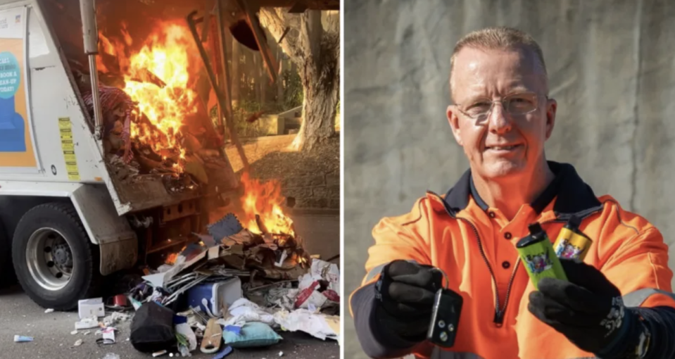 A burning garbage truck and a garbage collector holding an e-cigarette and shouting a warning. 