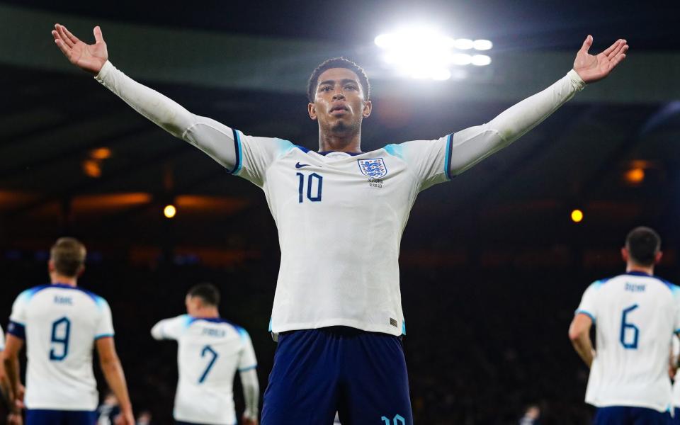 Jude Bellingham celebrates scoring against Scotland during England's 3-1 victory