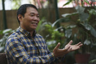 In this Friday, Nov. 8, 2019, photo, Mingma Sherpa owner of Seven Summit Treks speaks during an interview with the Associated Press in Kathmandu, Nepal. Once relegated to support staff, Nepalese climbers famous for their skills on the world's highest peaks are emerging out of the shadows of their Western peers and now dominate the lucrative industry in the Himalayan nation. Sherpa said they offer the lowest rate for those attempting to scale Everest starting at $30,000. Western companies are known to charge twice that. (AP Photo/Niranjan Shrestha)