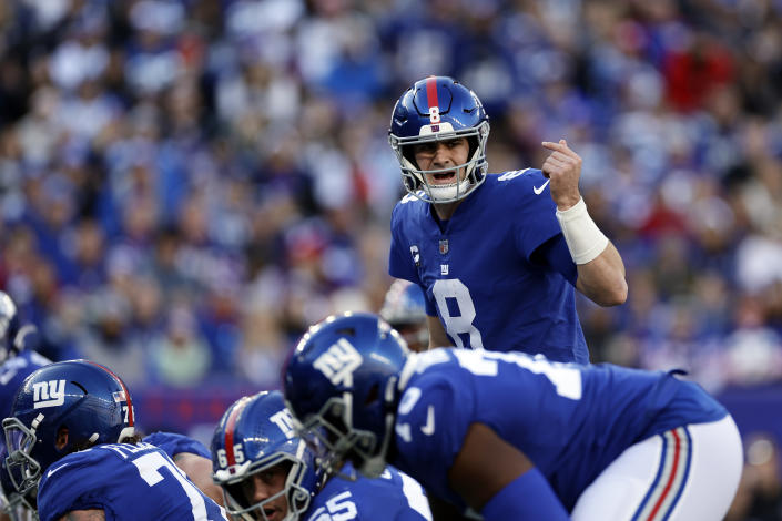 New York Giants quarterback Daniel Jones (8) calls out a the line of scrimmage during an NFL football game against the Indianapolis Colts, Sunday, Jan. 1, 2023, in East Rutherford, N.J. (AP Photo/Adam Hunger)