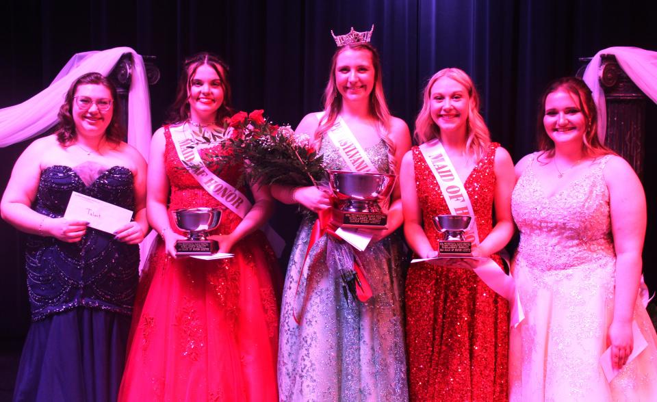 The top five finalists at the 2023 Pa. Maple Queen Scholarship Pageant are rom left: Sydney Grosholtz of Somerset, Talent Award; Laurel Daniels, Meyersdale, 1st Maid of Honor and Promenade Award; Queen Maple Gracie Paulman of Meyersdale, who also won the Interview Award; Alana Kreger, Somerset, 2nd Maid of Honor; Kyley Emerick of Meyersdale, Maple Wisdom Award.