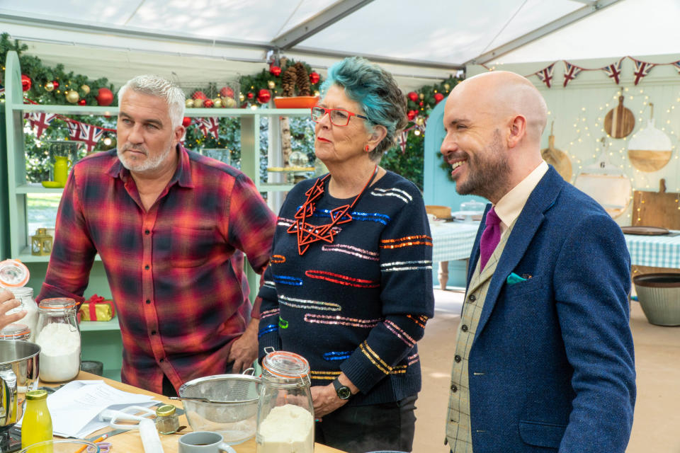 Paul, Prue and Tom in the Bake Off Christmas Special (C4)