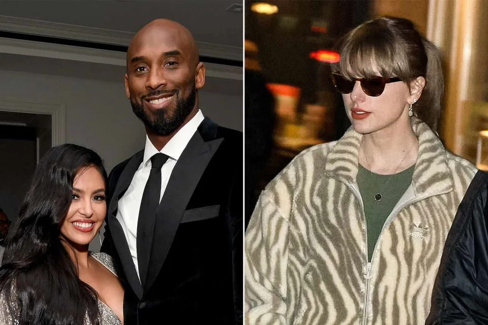 <p>Kevin Mazur/Getty; DAMEBK/Bauer-Griffin/GC Images</p> Vanessa Bryant, Kobe Bryant and Taylor Swift