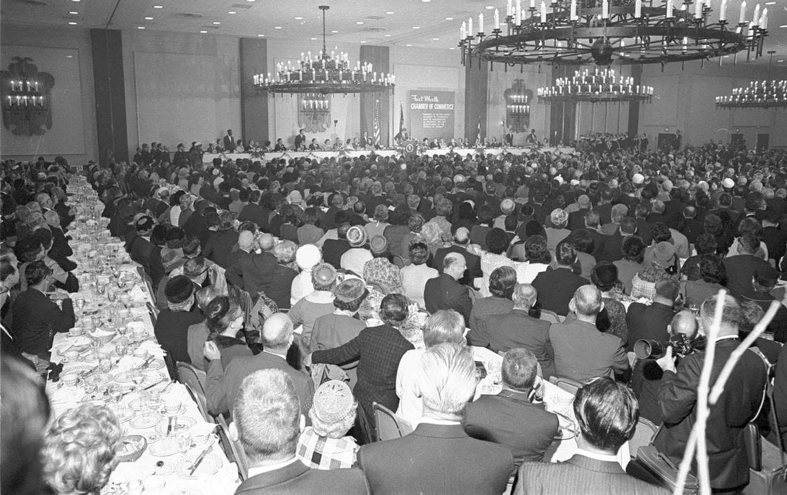 The Hotel Texas ballroom at the Chamber of Commerce breakfast, where President John F. Kennedy was speaking. 11/22/1963
