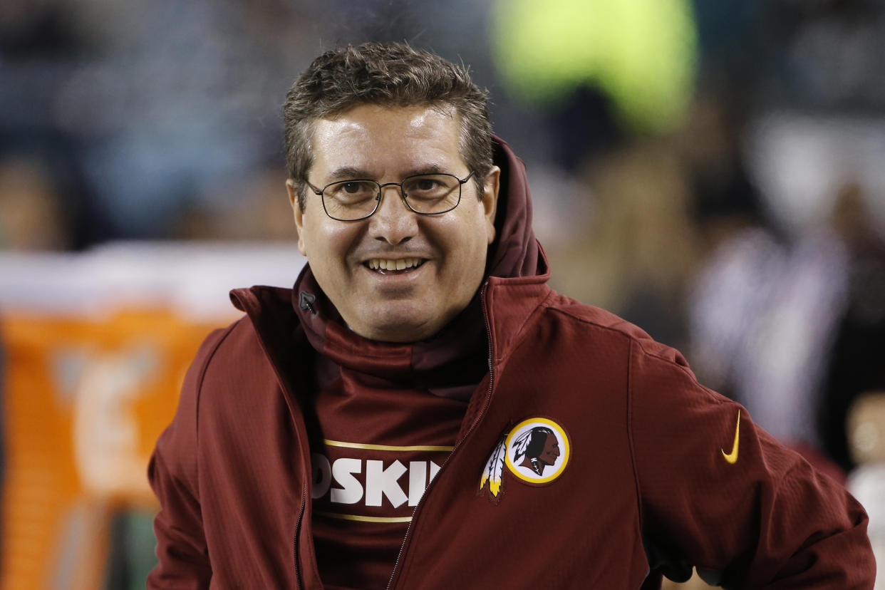 FILE - In this Dec. 26, 2015, file photo, Washington Redskins owner Daniel Snyder walks the sidelines during an NFL football game against the Philadelphia Eagles, in Philadelphia. The Supreme Court on Monday, June 19, 2017, struck down part of a law that bans offensive trademarks, ruling in favor of an Asian-American rock band called the Slants and giving a major boost to the Redskins in their separate legal fight over the team name. (AP Photo/Matt Rourke, File)