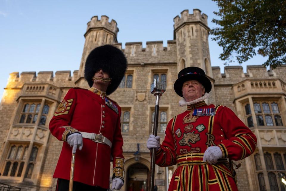 Guards in ceremonial dress at the Tower of London in 2022.