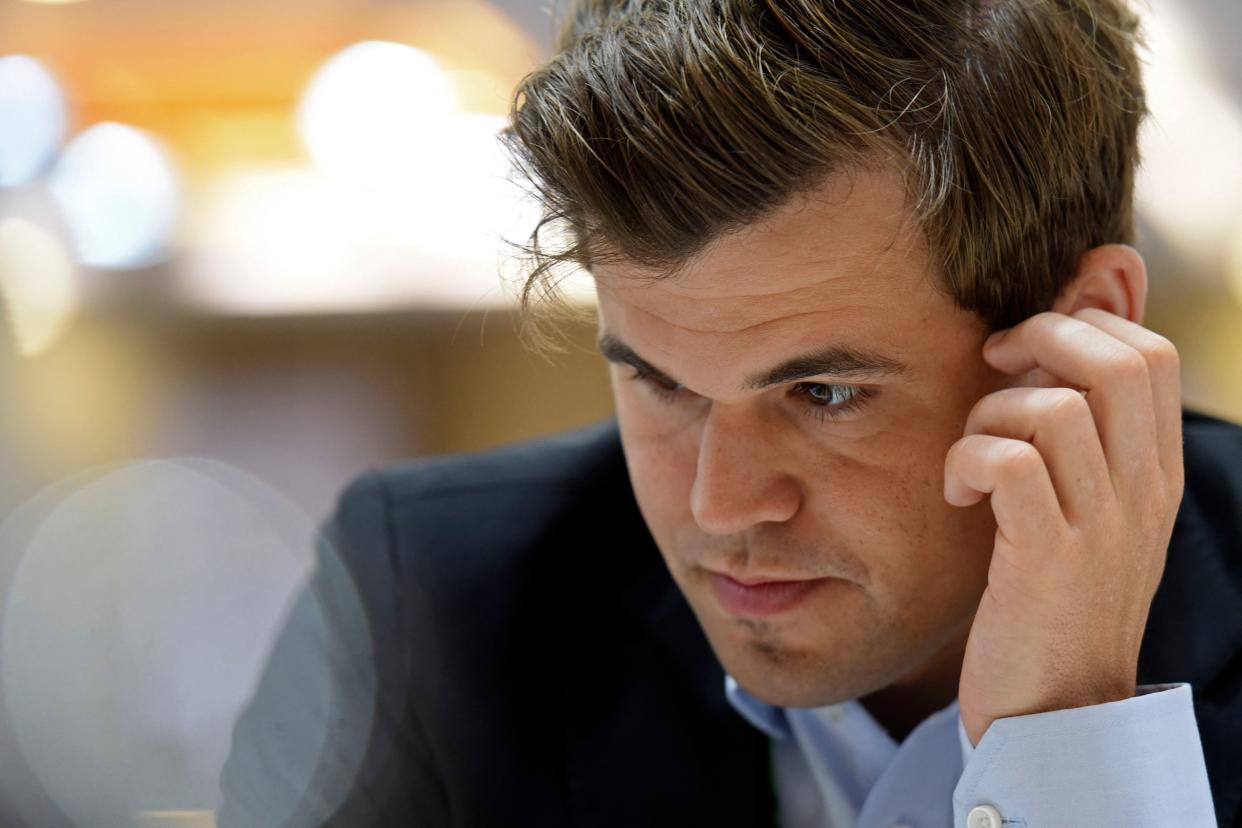 Norway's Magnus Carlsen competes during his Round 10 game against the Moldova's team at the 44th Chess Olympiad 2022, in Mahabalipuram on August 8, 2022. (Photo by Arun SANKAR / AFP) (Photo by ARUN SANKAR/AFP via Getty Images)