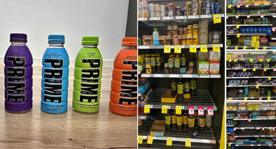 Prime Hydration drinks (left) stacked shelves in Woolworths showing range of sports and energy drinks (right)