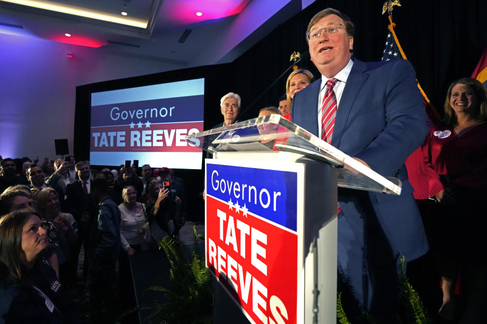 Mississippi Republican Gov. Tate Reeves address supporters at his gubernatorial reelection watch party in Flowood, Miss., Tuesday, Nov. 7, 2023. Reeves has won a second term. He defeated Democrat Brandon Presley. (AP Photo/Rogelio V. Solis)