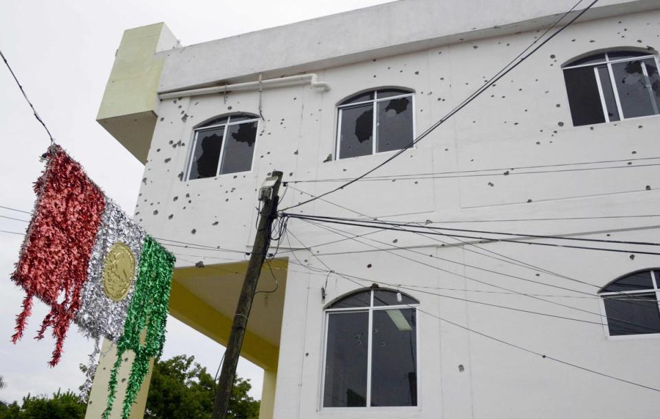 View of the bullet-ridden building of the Municipality of San Miguel Totolapan, state of Guerrero, Mexico, on October 2022 (AFP via Getty Images)
