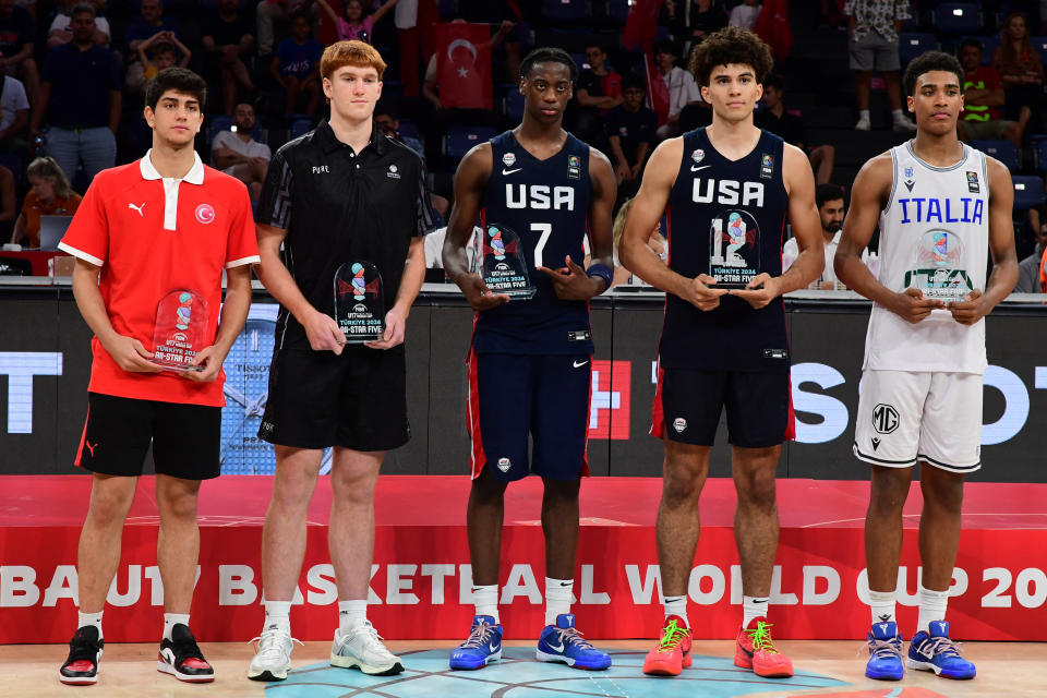 Kaan Onat, #29 of Turkey, Oscar Goodman, #12 of New Zealand, AJ Dybantsa, #7 of the United States of America (USA), Cameron Boozer, #12 of the United States of America (USA) and Maikcol Perez, #1 of Italy are selected to the All-Star Five during the FIBA U17 Basketball World Cup - Turkiye 2024 at Sinan Erdem Dome in Istanbul, Turkey on July 7, 2024. (Photo by Altan Gocher / Hans Lucas / Hans Lucas via AFP) (Photo by ALTAN GOCHER/Hans Lucas/AFP via Getty Images)