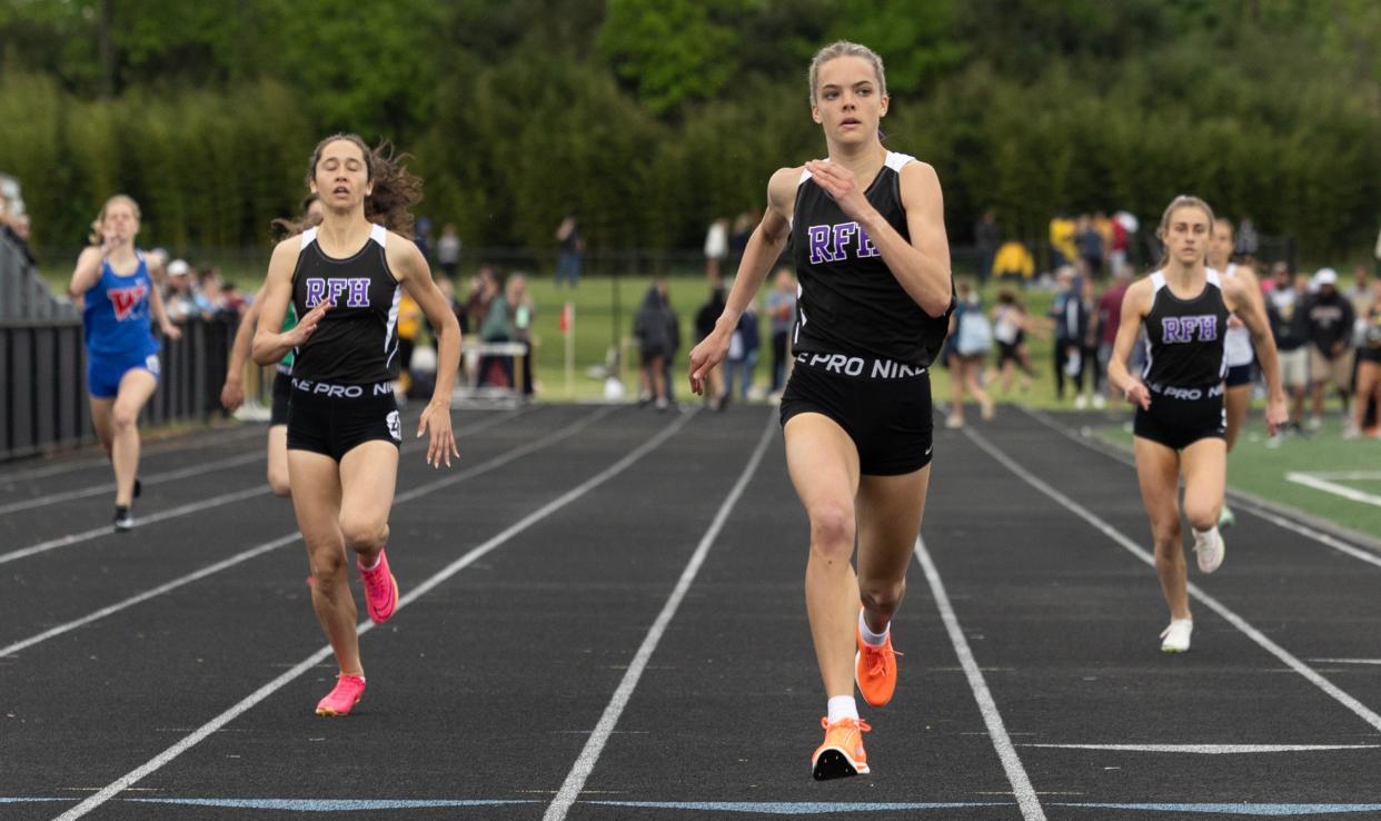 Rumson’s Clemmie Lilley finished first in the Girls 400 Meter Dash. Monmouth County Track Championships at Monmouth Regional in Tinton Falls on May 9, 2024.