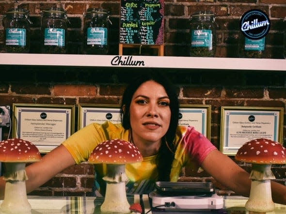 Model poses on Chillum counter