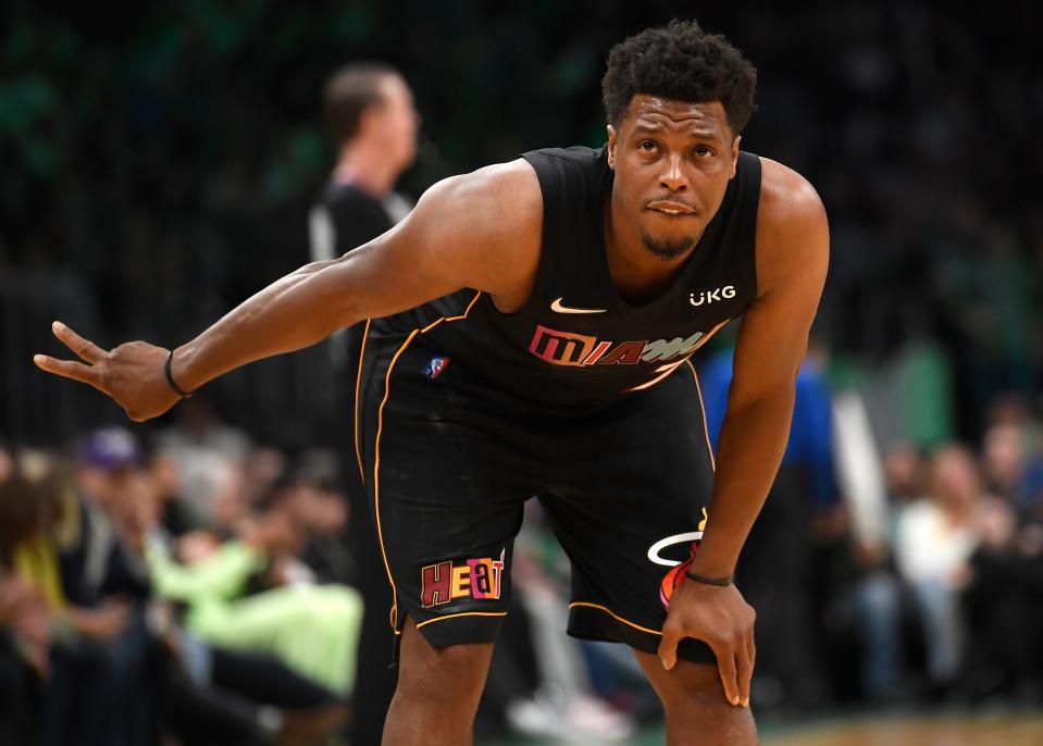 Mar 30, 2022; Boston, Massachusetts, USA; Miami Heat guard Kyle Lowry (7) gestures during the second half against the Boston Celtics at TD Garden. Mandatory Credit: Bob DeChiara-USA TODAY Sports