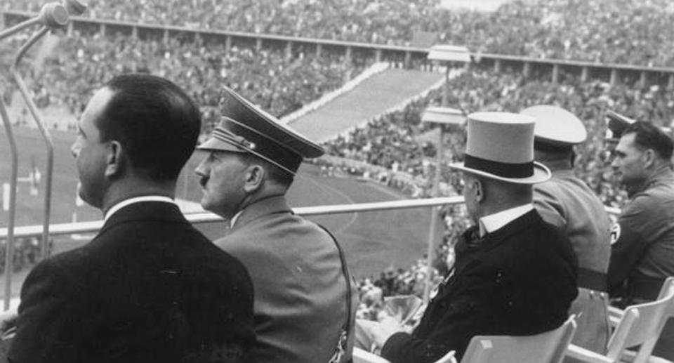 Adolf Hitler watching the Olympic Games in Berlin with the Italian Crown Prince in 1936. Source: Fox Photos/Getty Images