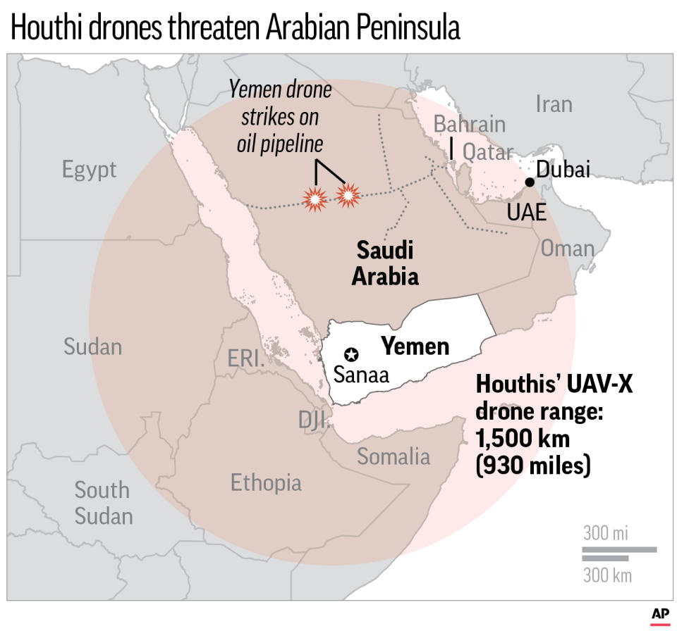 Map shows the rang of Yemen rebel's new UAV-X drone range and recent oil pipeline attacks in Saudi Arabia;