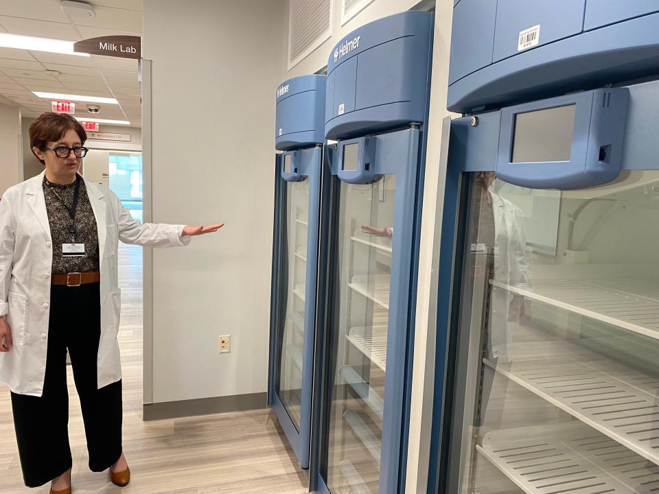 Daniela Bichianu, medical director of neonatal intensive care on Tuesday displays the "truly state-of-the-art" nutrition room in the new University of Missouri Children's Hospital.