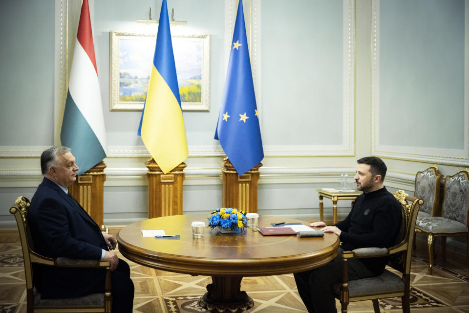 In this photo issued by the Hungarian PM's Press Office Ukrainian President Volodymyr Zelenskyy, right, and Hungarian Prime Minister Viktor Orban hold a meeting in Kyiv, Ukraine, Tuesday, July 2, 2024. (Zoltan Fischer/Hungarian PM's Press Office/MTI via AP)