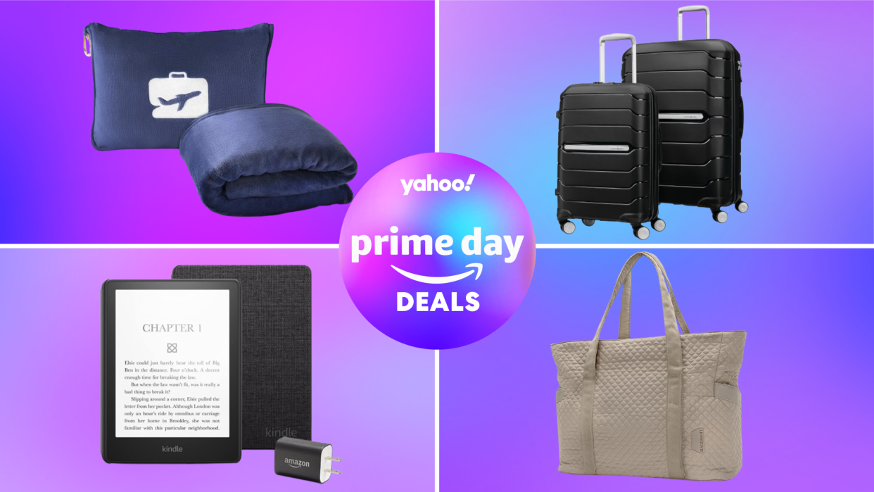 travel blanket, black hard sided luggage set, travel tote, Kindle (to left to bottom left) on purple background