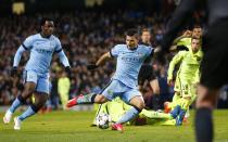 Football - Manchester City v FC Barcelona - UEFA Champions League Second Round First Leg - Etihad Stadium, Manchester, England - 24/2/15 Sergio Aguero scores the first goal for Manchester City Reuters / Darren Staples Livepic EDITORIAL USE ONLY.