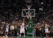 BOSTON, MA - MAY 10: Paul Pierce #34 of the Boston Celtics takes a free throw shot in the final seconds of Game Six of the Western Conference Quarterfinals in the 2012 NBA Playoffs on May 10, 2012 at TD Garden in Boston, Massachusetts. The Boston Celtics defeated the Atlanta Hawks 83-80. NOTE TO USER: User expressly acknowledges and agrees that, by downloading and or using this photograph, User is consenting to the terms and conditions of the Getty Images License Agreement. (Photo by Elsa/Getty Images)